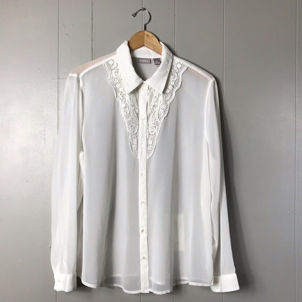 CHICO'S WHITE SHEER BUTTON DOWN SHIRT FLORAL LACE ACCENTS WOMENS SIZE 3/XL